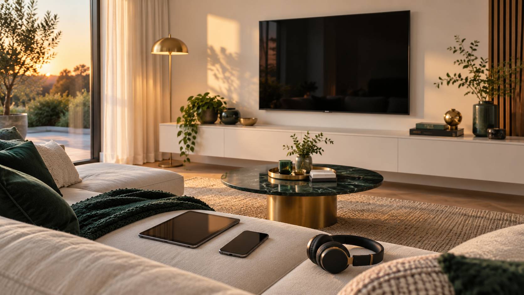 Espace multimedia familial avec televiseur, tablette et smartphone sur un canape clair