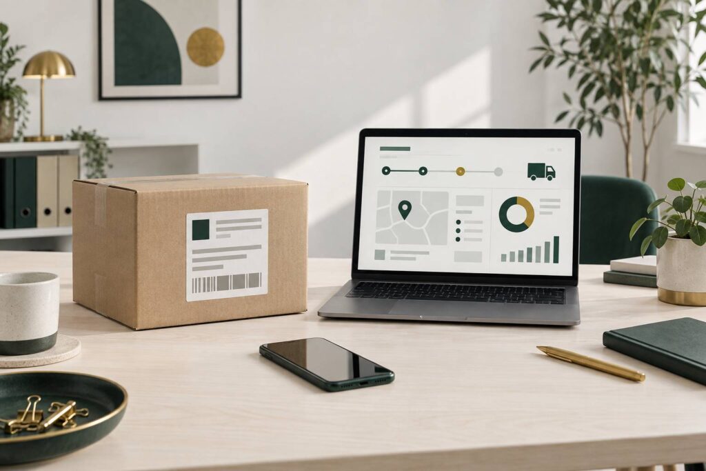 Colis et ordinateur pour suivre une livraison en ligne