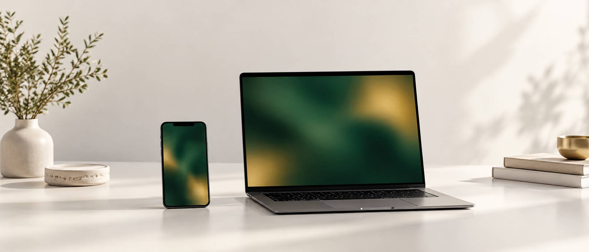 Smartphone et ordinateur portable sur une table claire