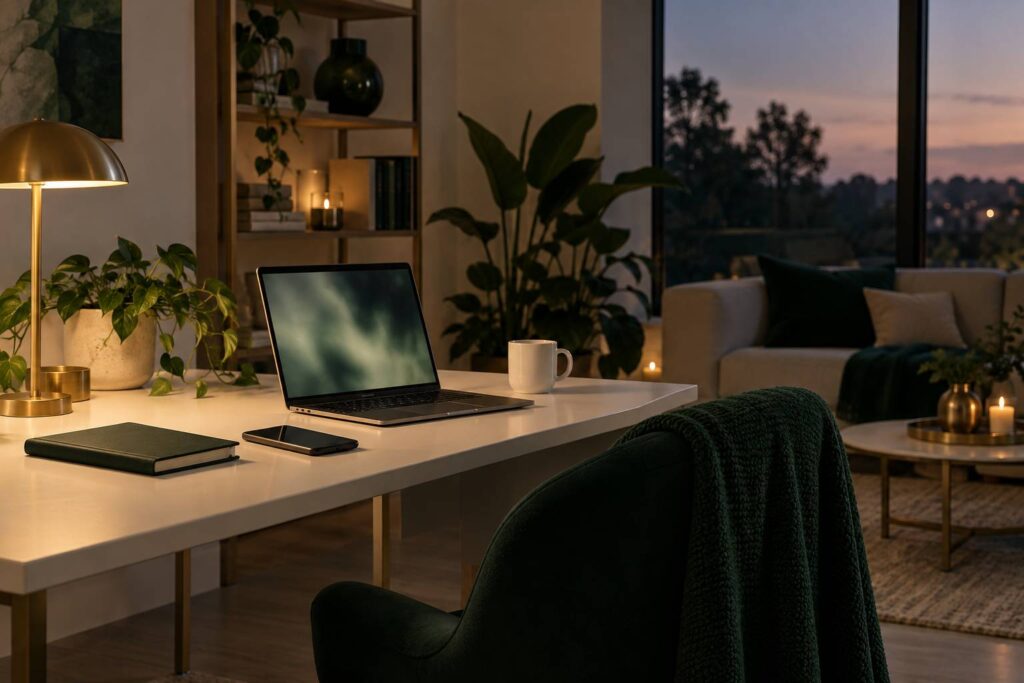 Ordinateur portable et telephone poses sur un bureau clair le soir