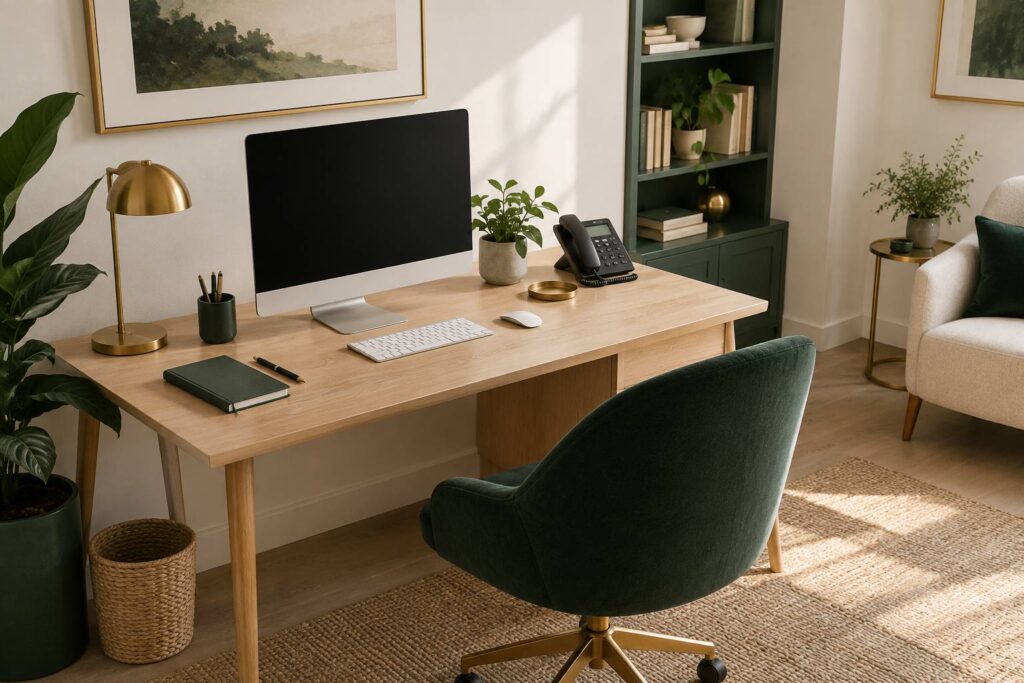 Bureau domestique clair avec ordinateur éteint et téléphone fixe