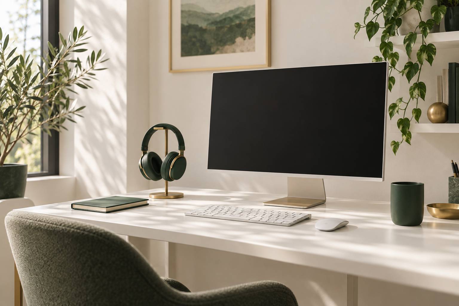 Coin bureau avec casque, clavier et écran éteint