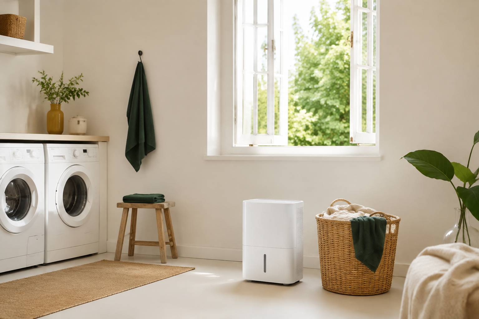 Déshumidificateur compact blanc dans une buanderie lumineuse près d'un panier de linge