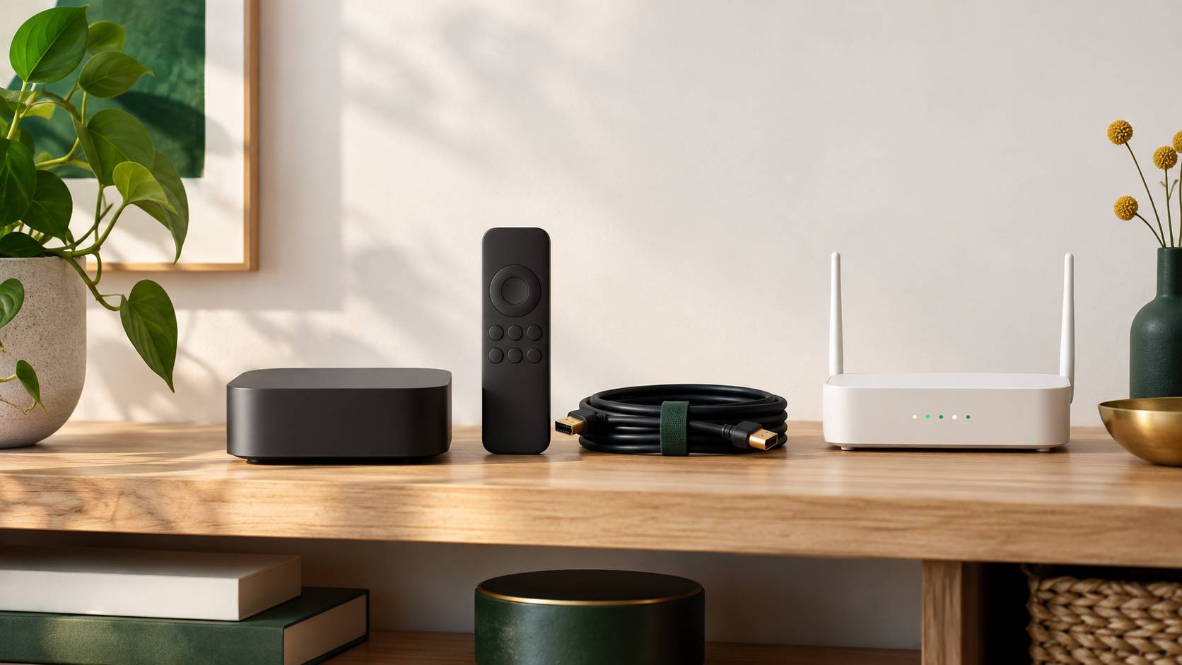 Détail d'un boîtier multimédia avec télécommande et câble HDMI