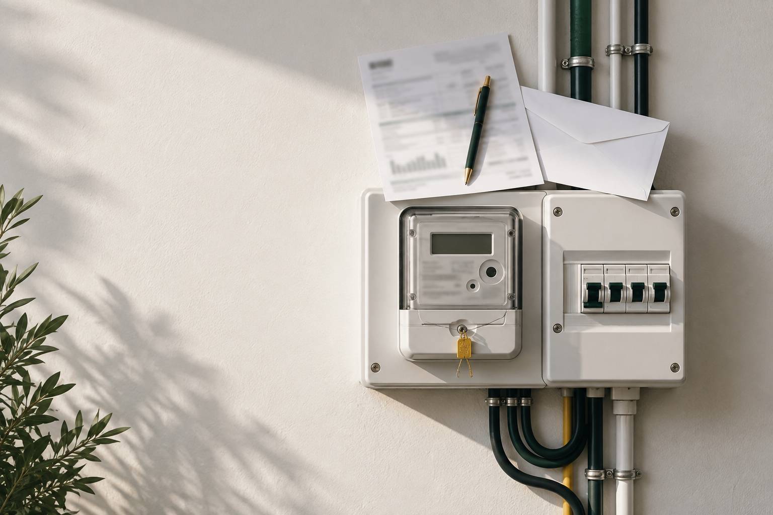 Détail d'un compteur électrique avec un relevé et un stylo