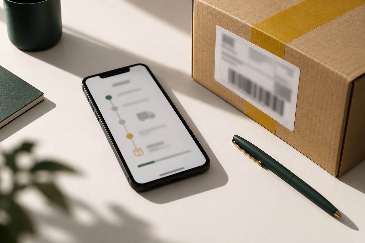 Suivi de colis sur smartphone à côté d'une étiquette de livraison