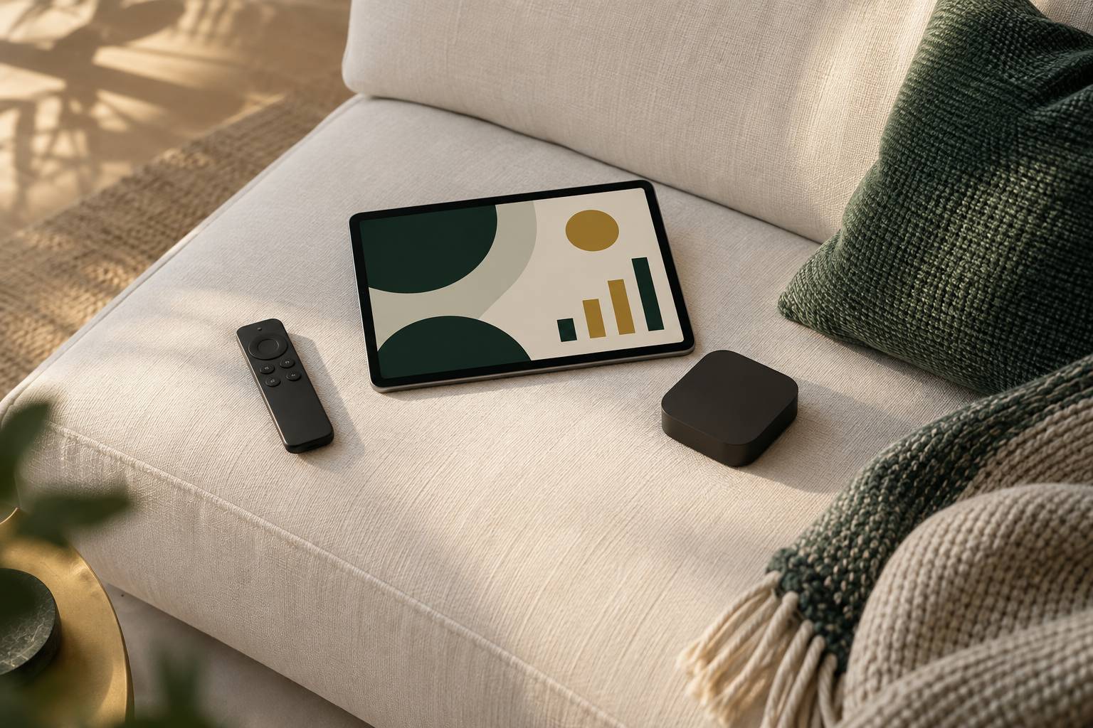 Détail d'une télécommande, d'une tablette et d'un boîtier de streaming sur un canapé