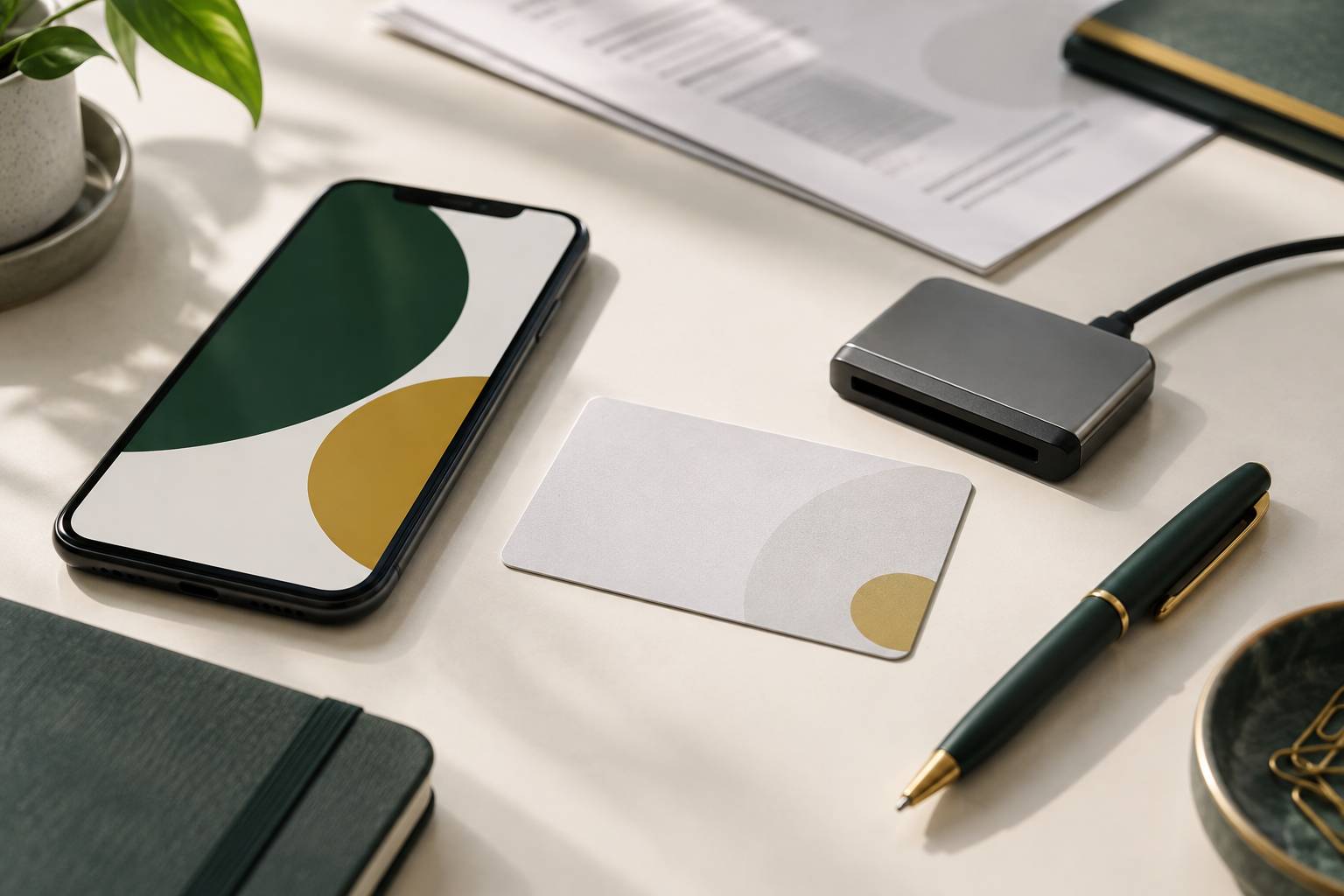 Détail d'un smartphone, d'un lecteur de carte et de documents sur un bureau