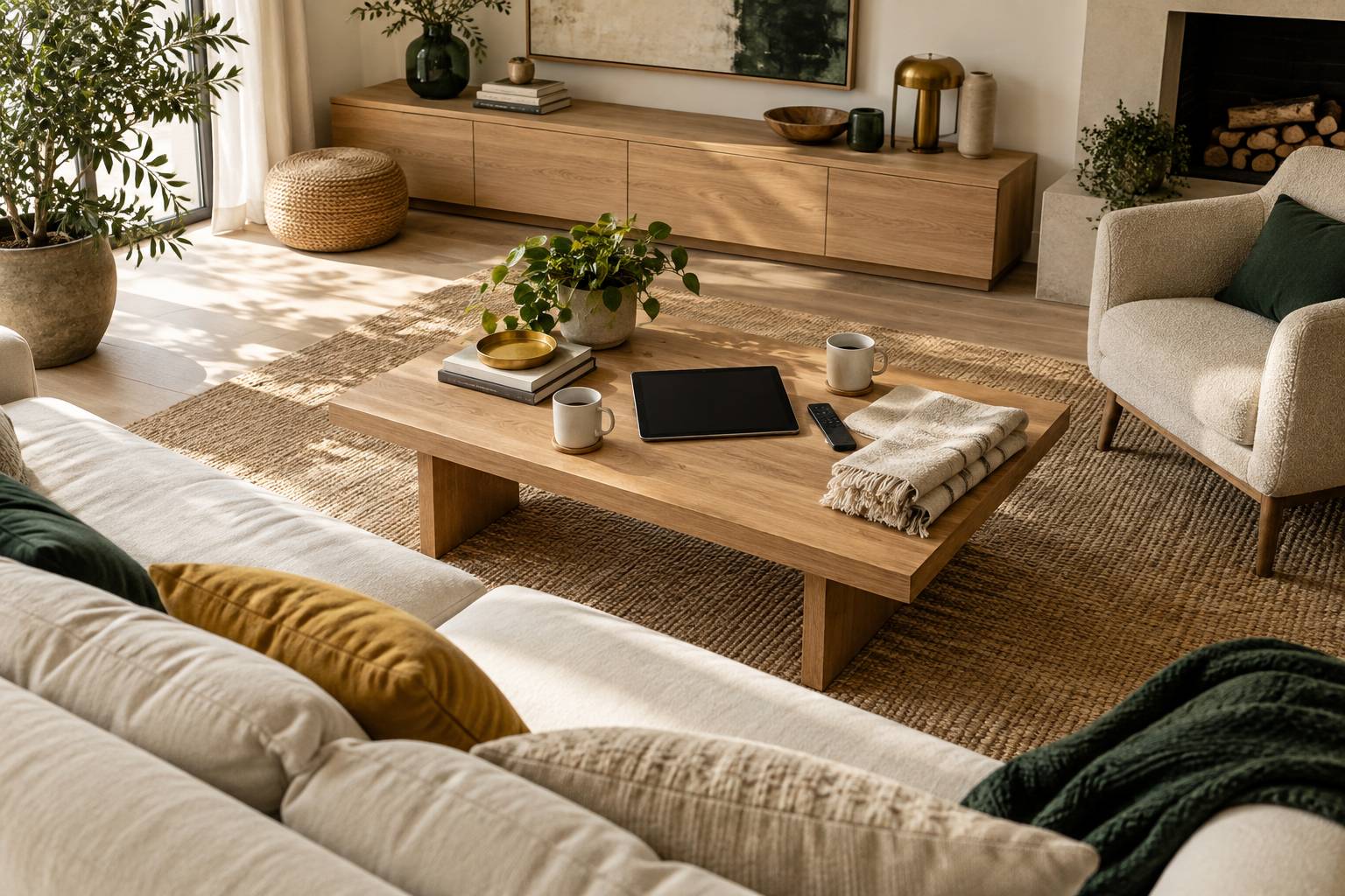 Table basse avec tablette éteinte et télécommande dans un salon clair