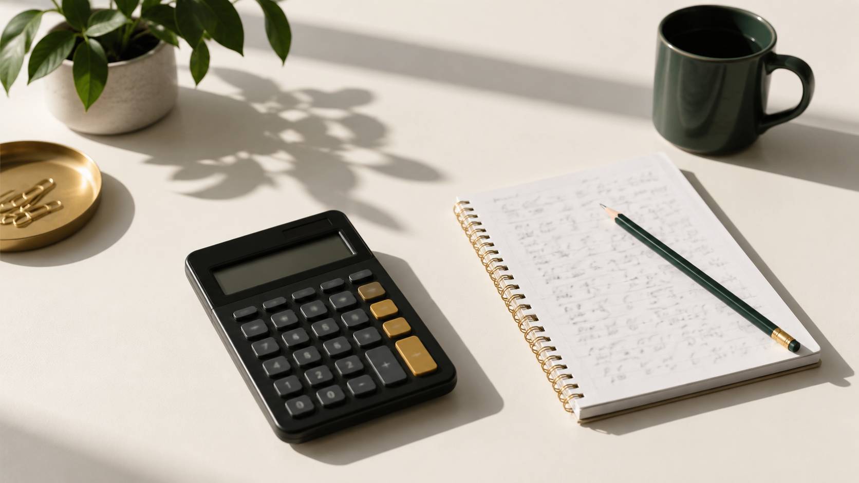 Gros plan sur une calculatrice et des notes de calculs manuscrits illisibles