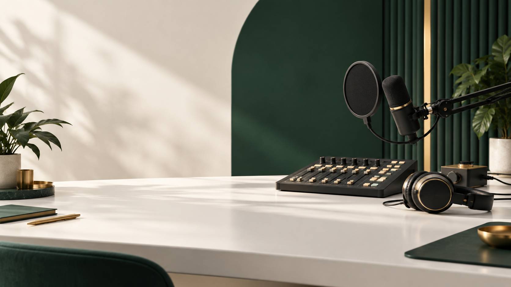 Studio d'enregistrement maison avec microphone, casque et forme d'onde sur ecran