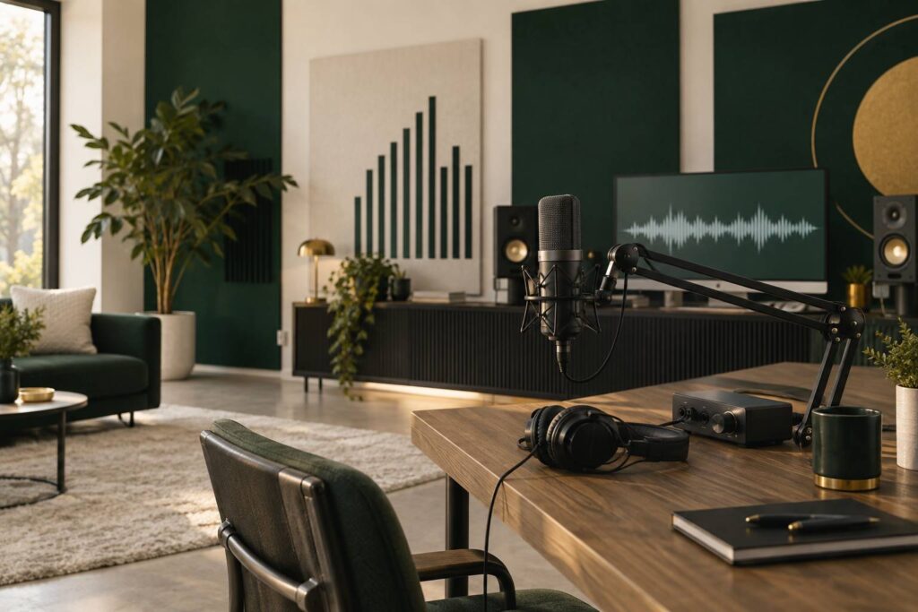 Studio d'enregistrement maison avec microphone, casque et forme d'onde sur ecran