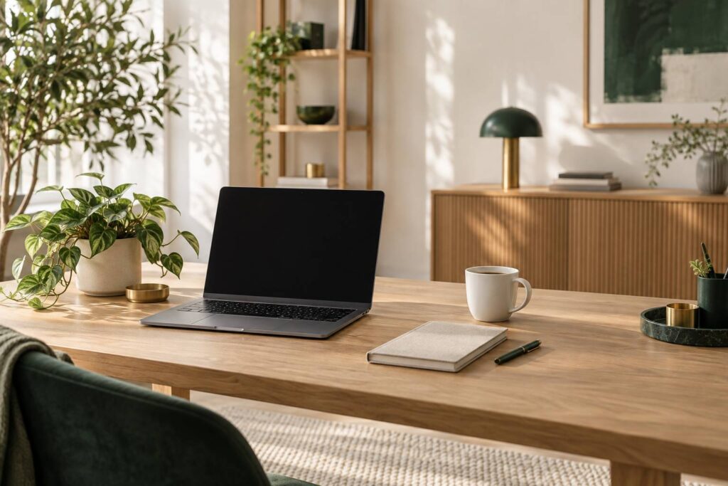 Bureau clair avec ordinateur portable écran éteint et carnet