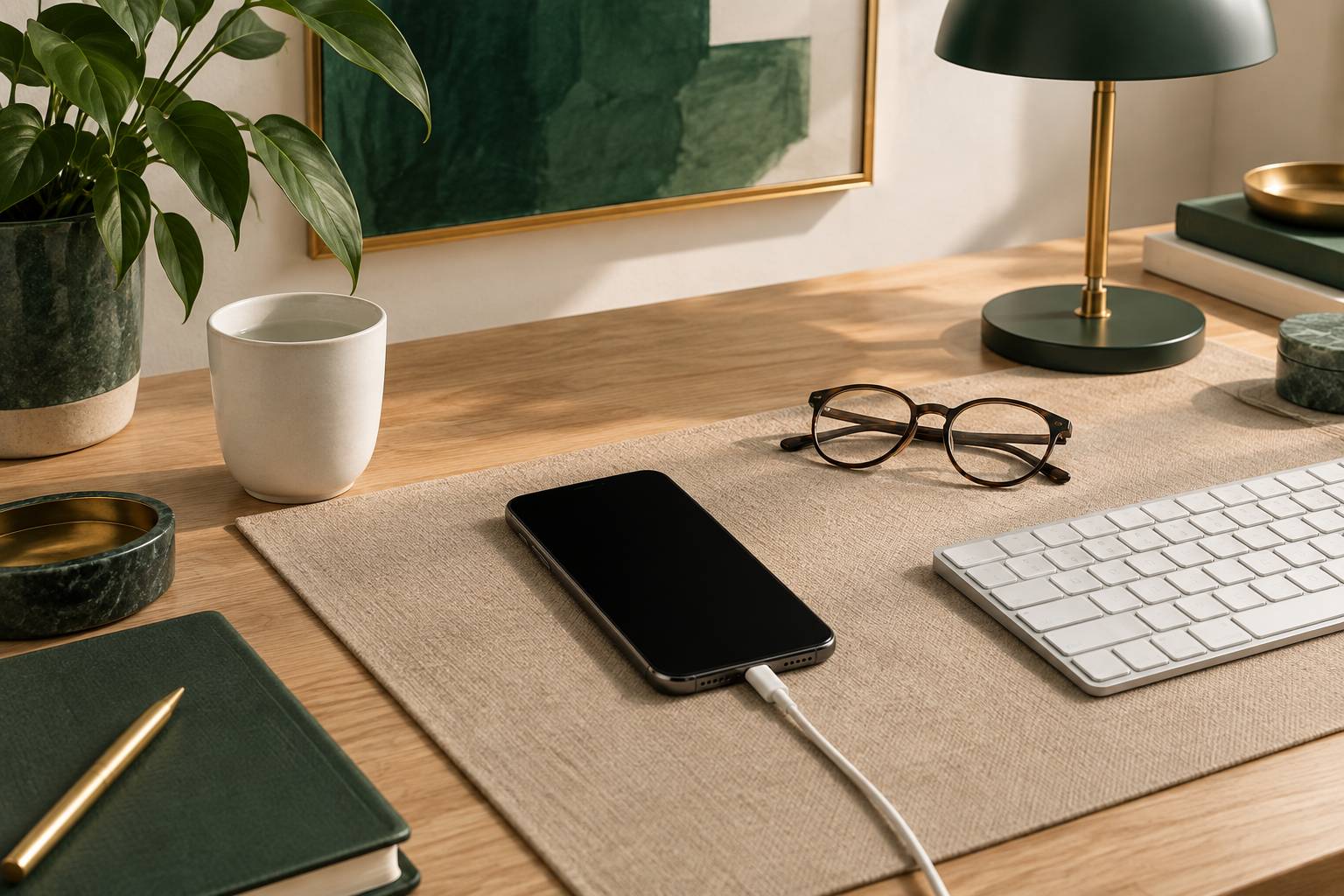 Téléphone écran éteint sur un sous-main neutre près d'un clavier
