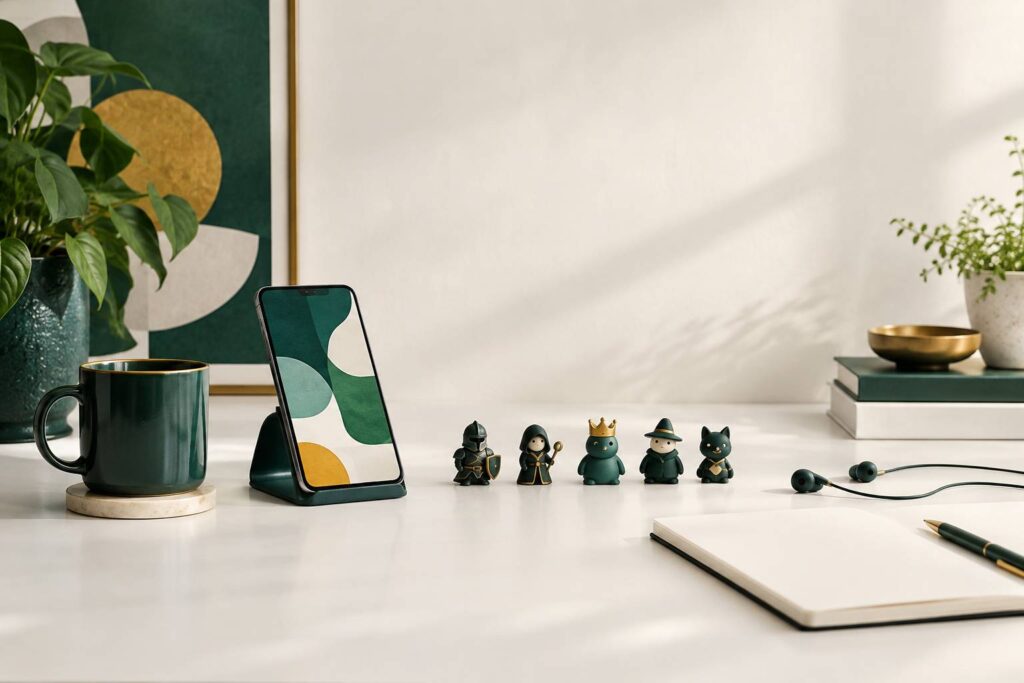 Smartphone sur support avec écran abstrait et petites figurines de jeu alignées sur un bureau