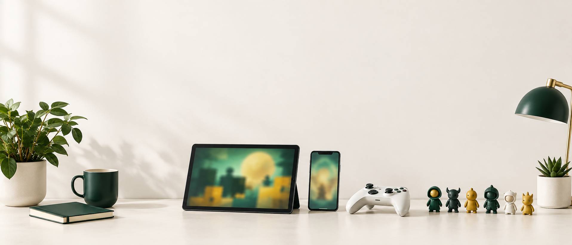 Smartphone sur support avec écran abstrait et petites figurines de jeu alignées sur un bureau