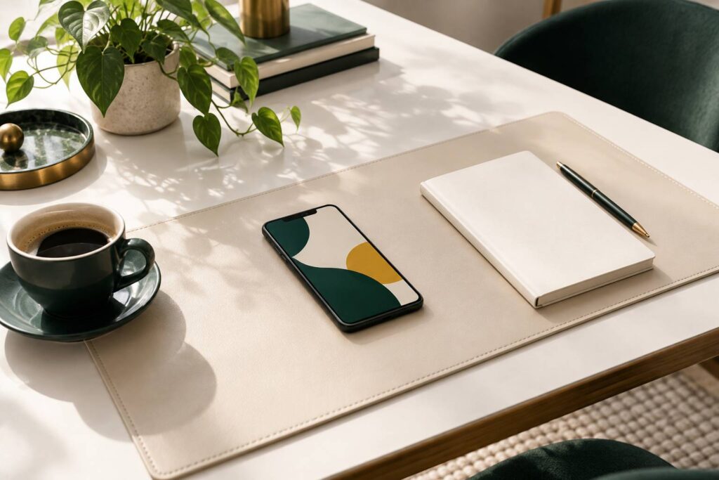 Téléphone posé sur un bureau clair à l'écran abstrait coloré