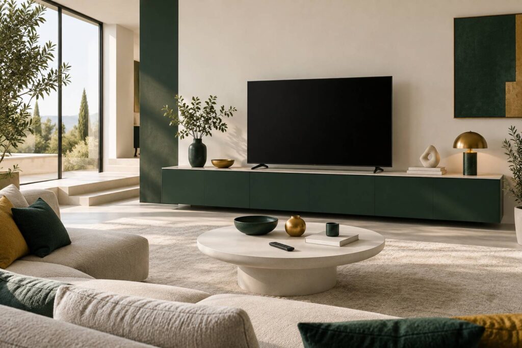 Salon sobre avec téléviseur éteint et télécommande sur une table basse