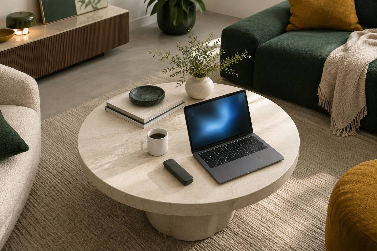 Ordinateur portable à l'écran flou posé sur une table basse