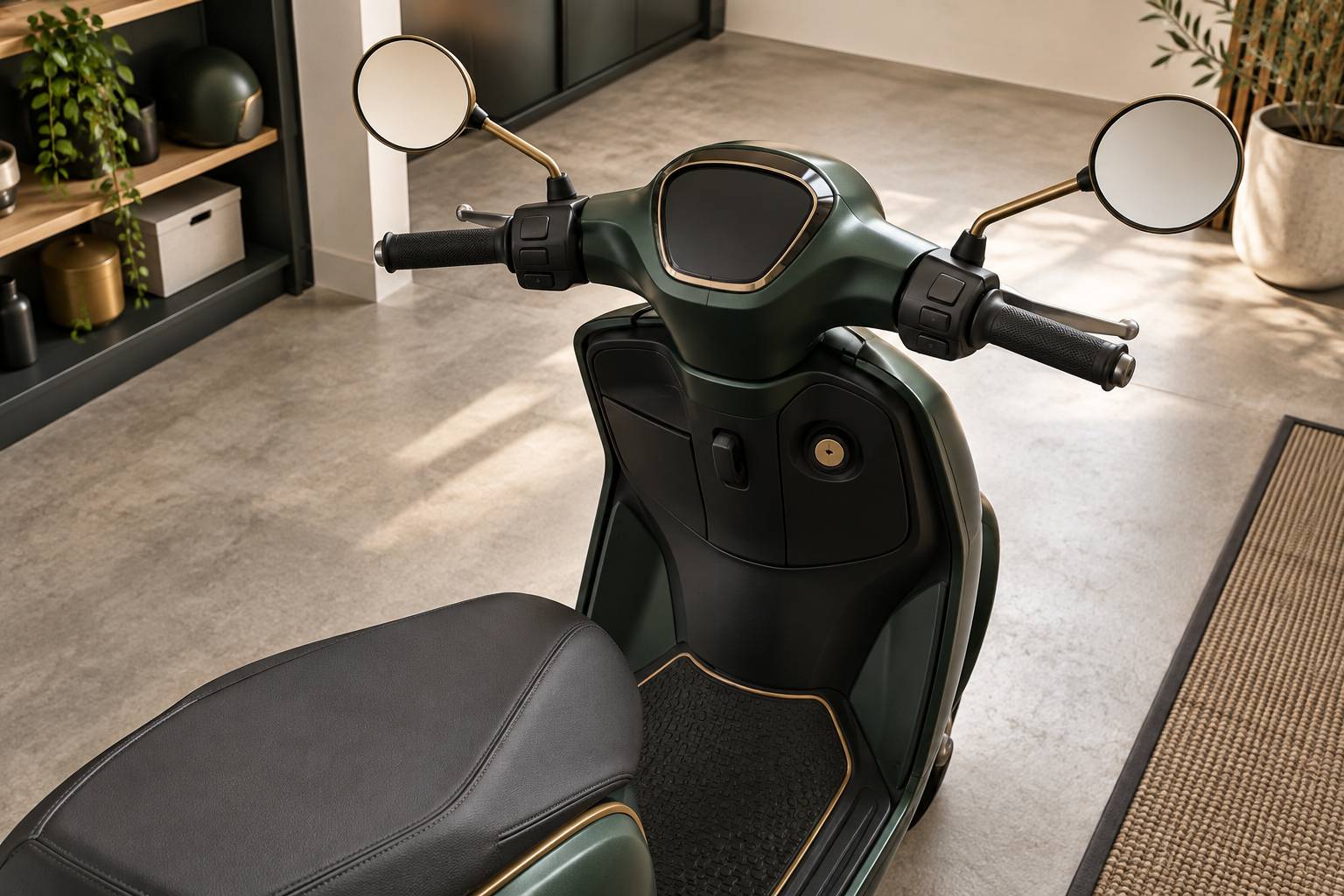 Detail du guidon et du tablier d'un scooter urbain sans inscription