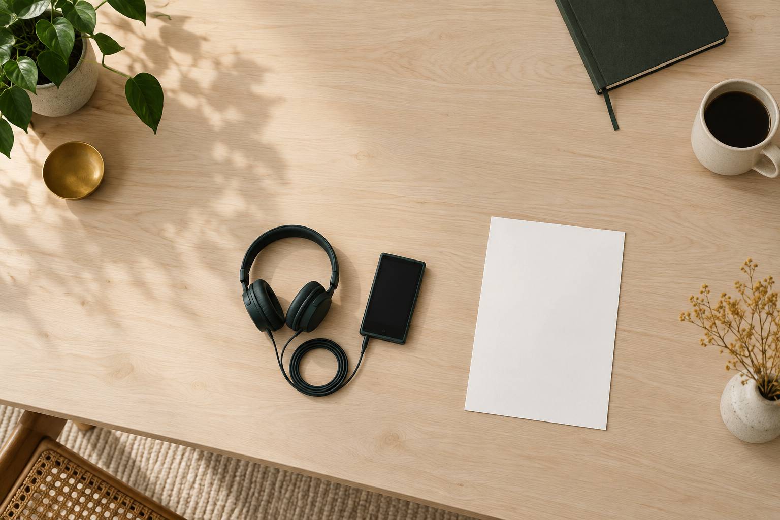 Lecteur audio éteint et casque filaire sur une table en bois