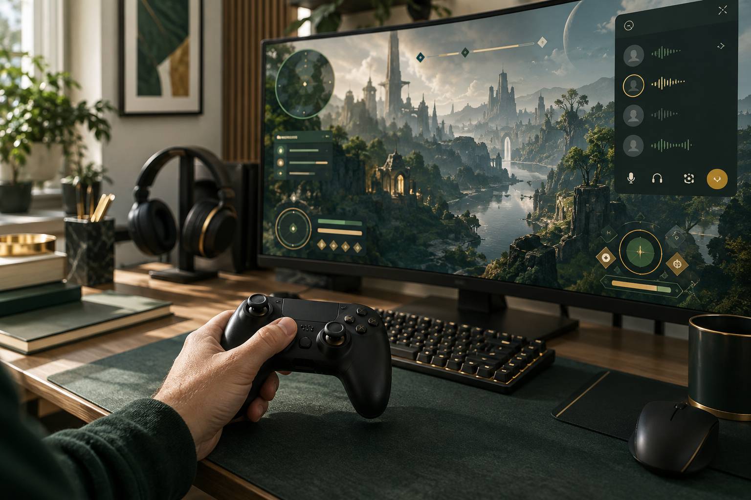 Vue large sur l'écran du PC montrant une interface de jeu en réseau et une fenêtre de discussion vocale, manet
