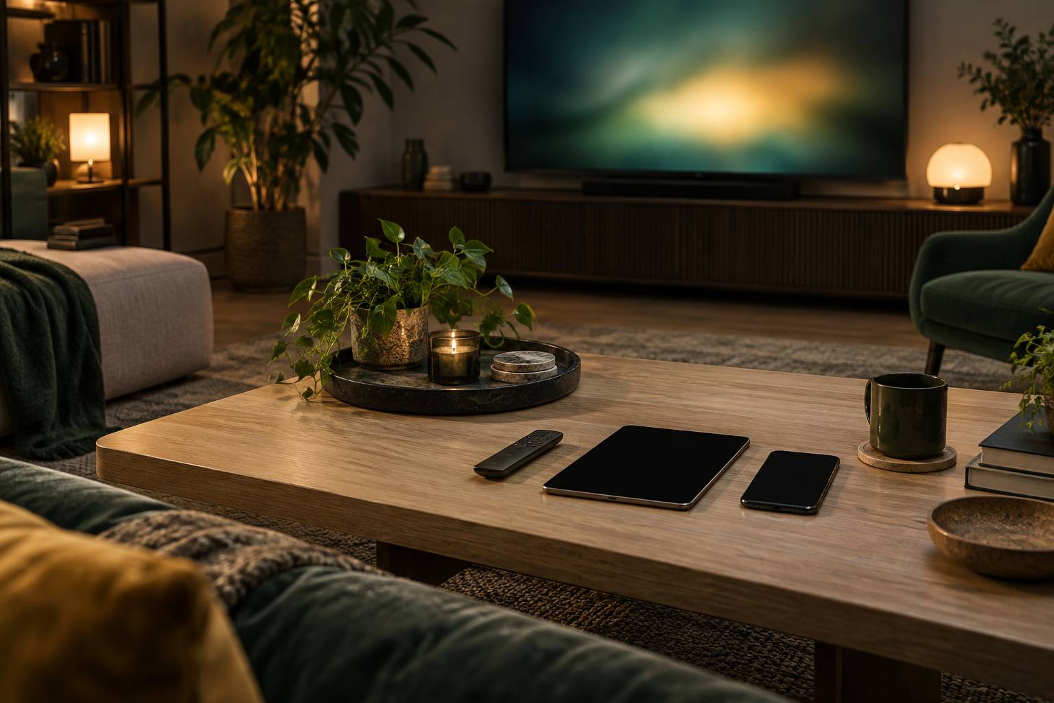 Telecommande et appareils poses sur une table basse devant un ecran allume