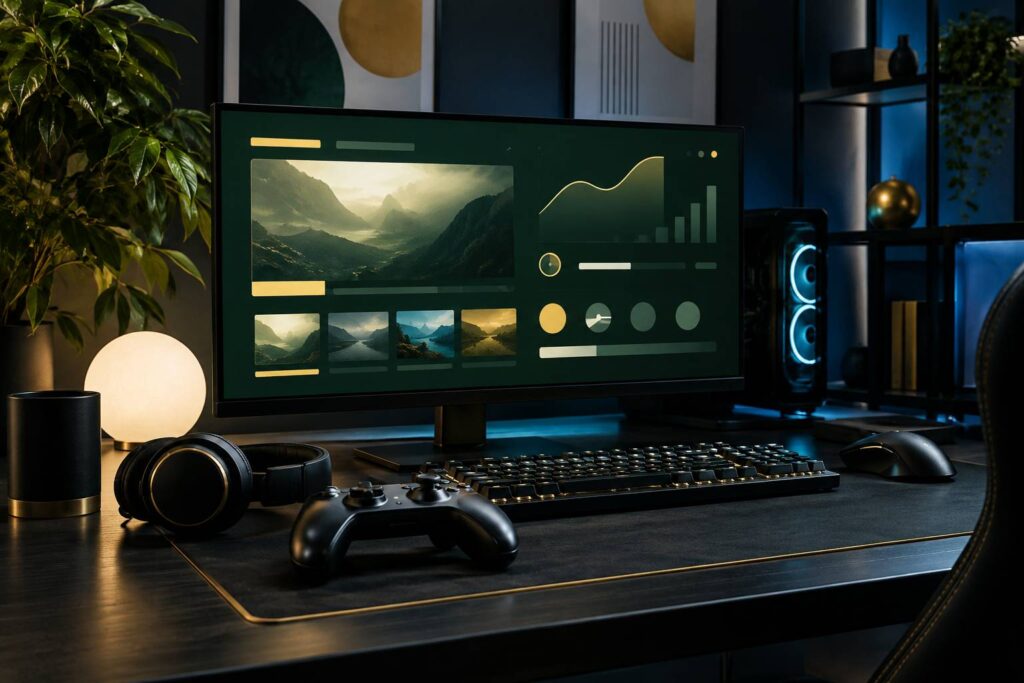 Vue large d'un setup gaming : écran de PC affichant le flux d'une console de jeux, manette sans fil posée sur