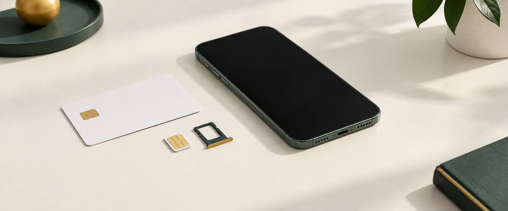 Carte SIM et smartphone a ecran eteint sur un bureau lumineux