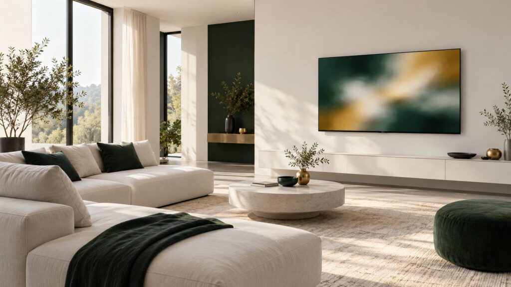 Televiseur mural allume avec une image abstraite floue dans un salon clair