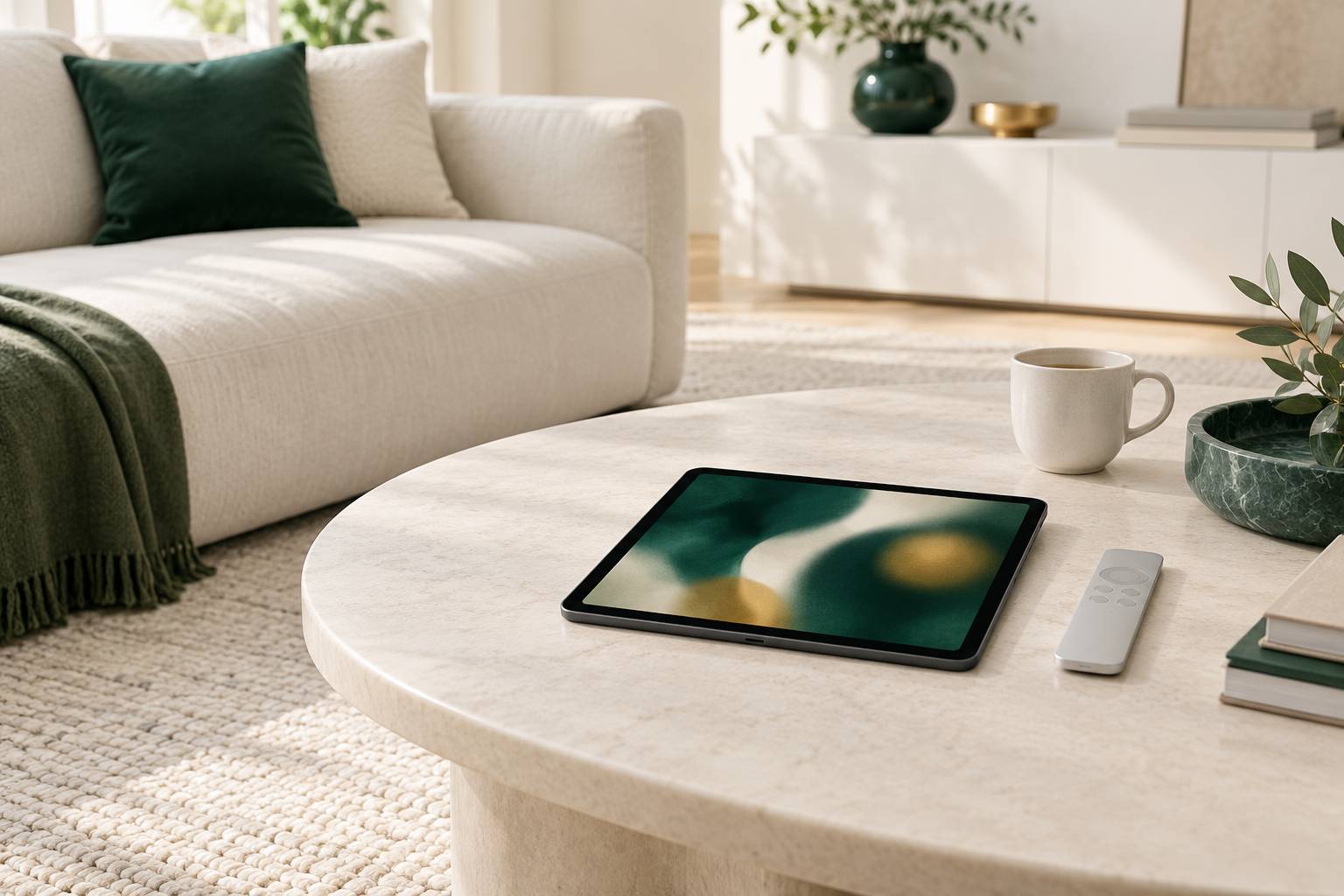 Tablette posee sur une table basse avec une interface abstraite floue