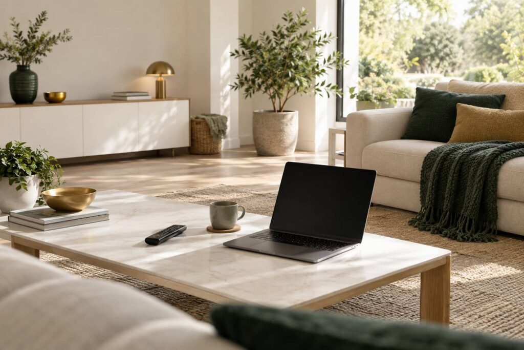 Salon lumineux avec ordinateur portable et télécommande sur une table basse