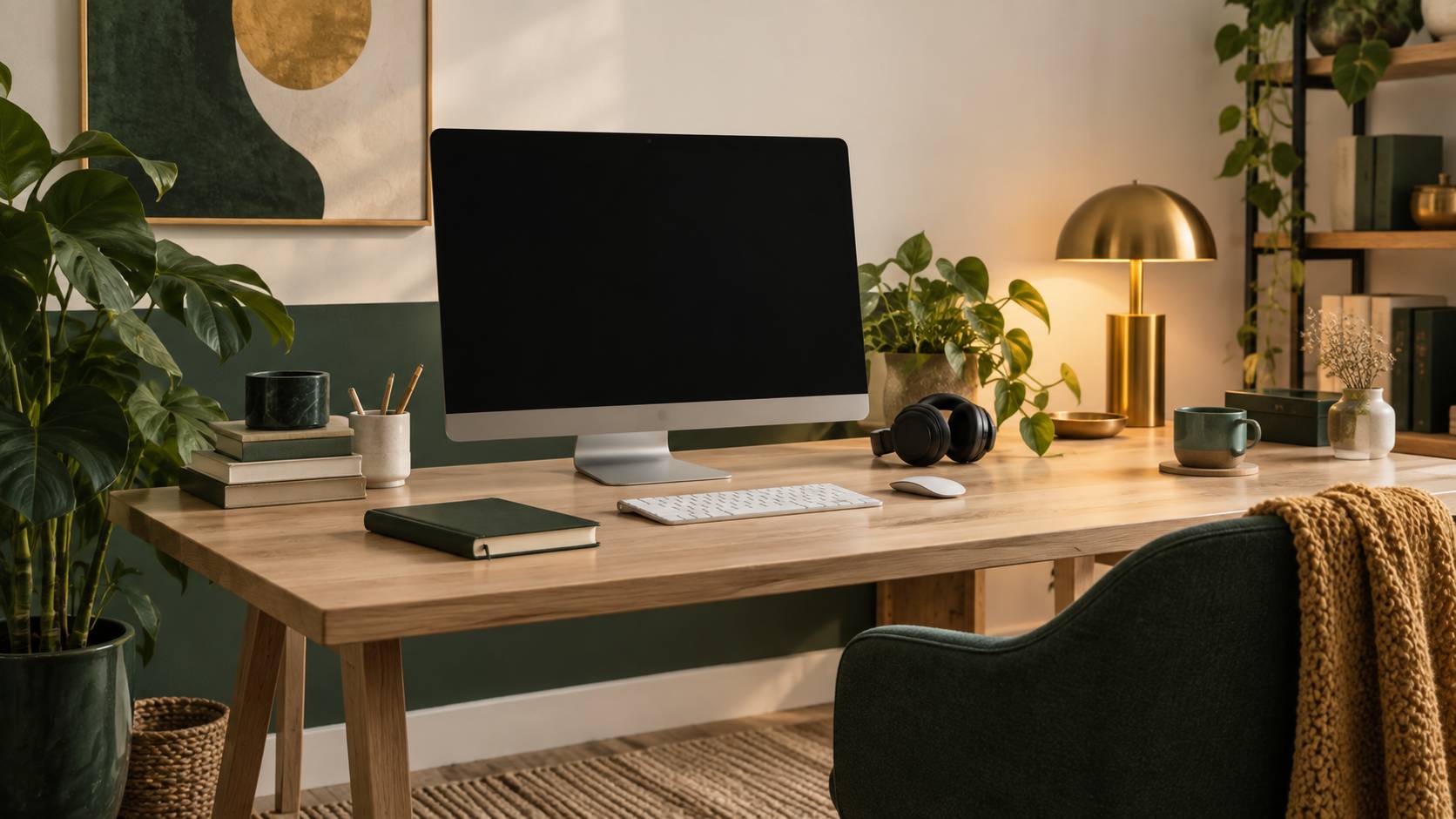Coin bureau avec grand écran éteint et clavier sur un plan de bois clair