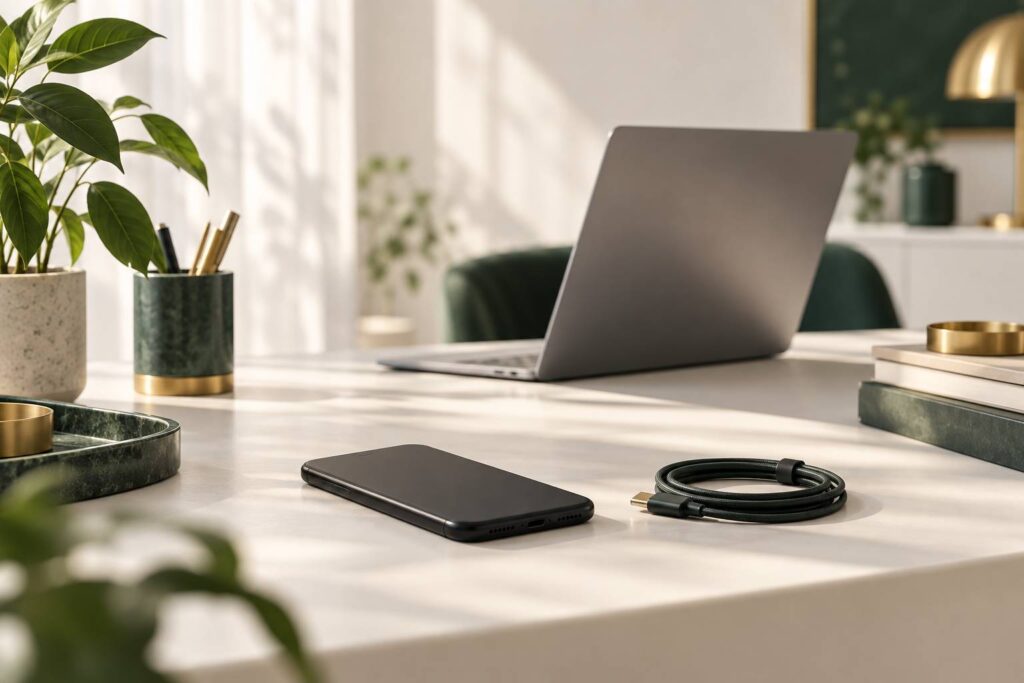 Smartphone generique pose face contre table avec cable de charge aupres