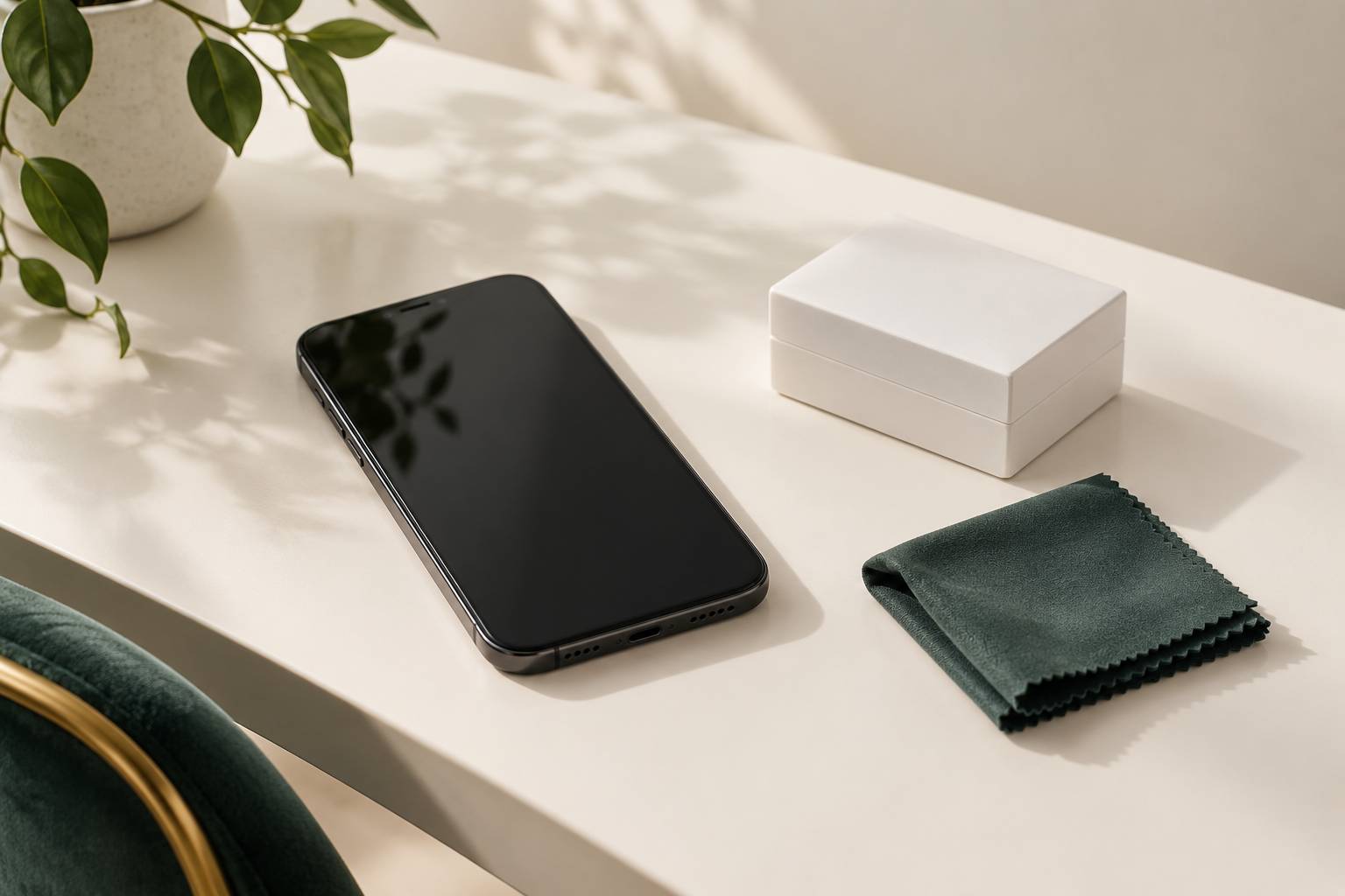 Smartphone generique eteint et chiffon microfibre sur un plan de travail