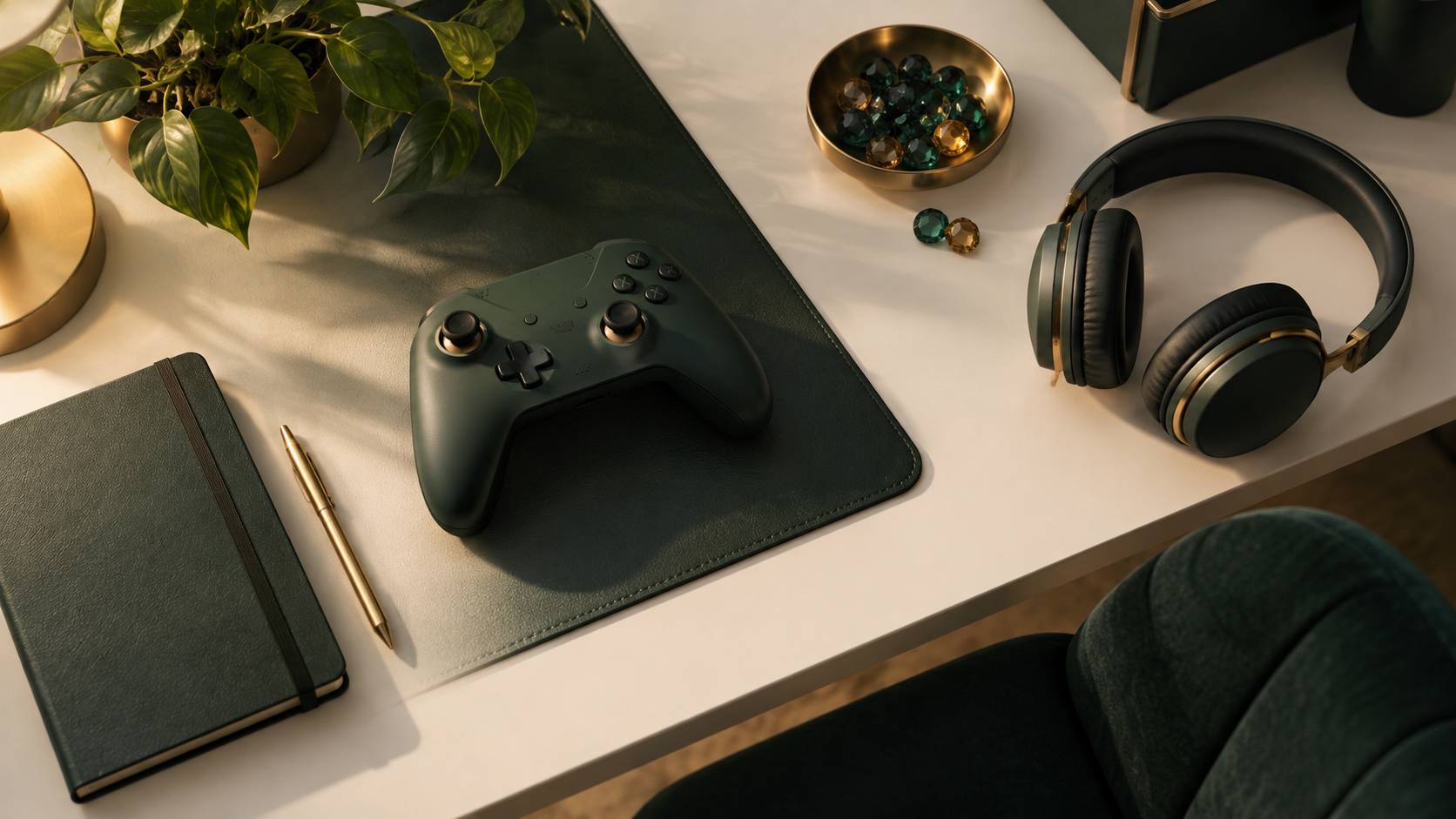 Manette, coupelle de gemmes et casque audio sur un bureau