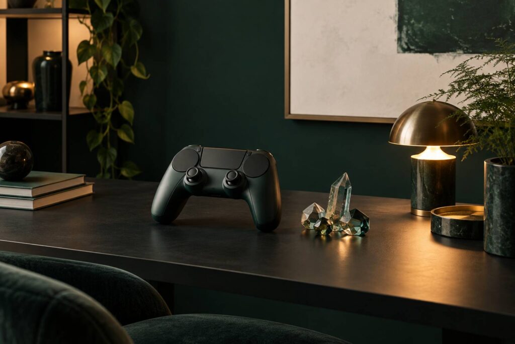 Manette de jeu generique et cristaux de verre sur un bureau sombre