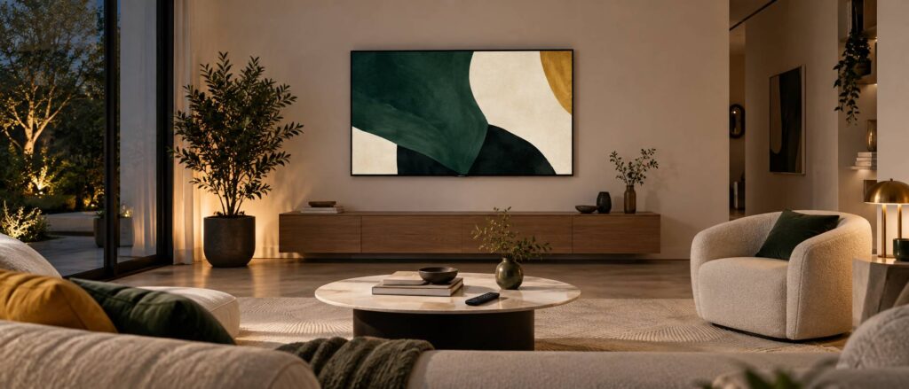 Salon avec téléviseur mural, télécommande et lampe d'appoint en soirée
