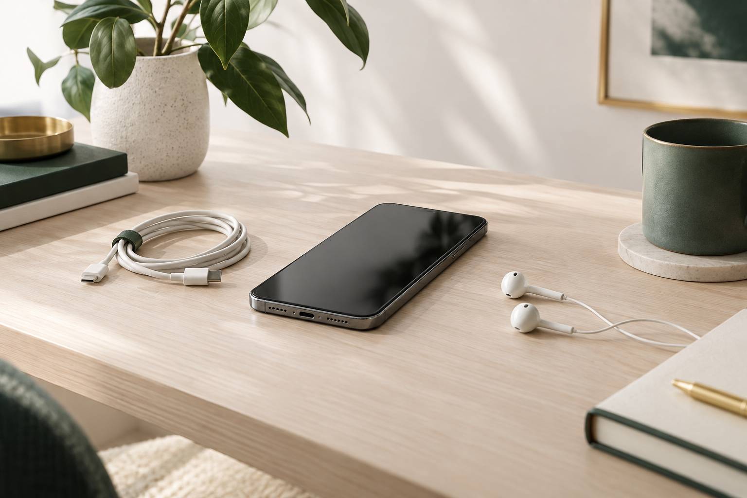 Smartphone a l'ecran eteint sur une table en bois clair avec ecouteurs