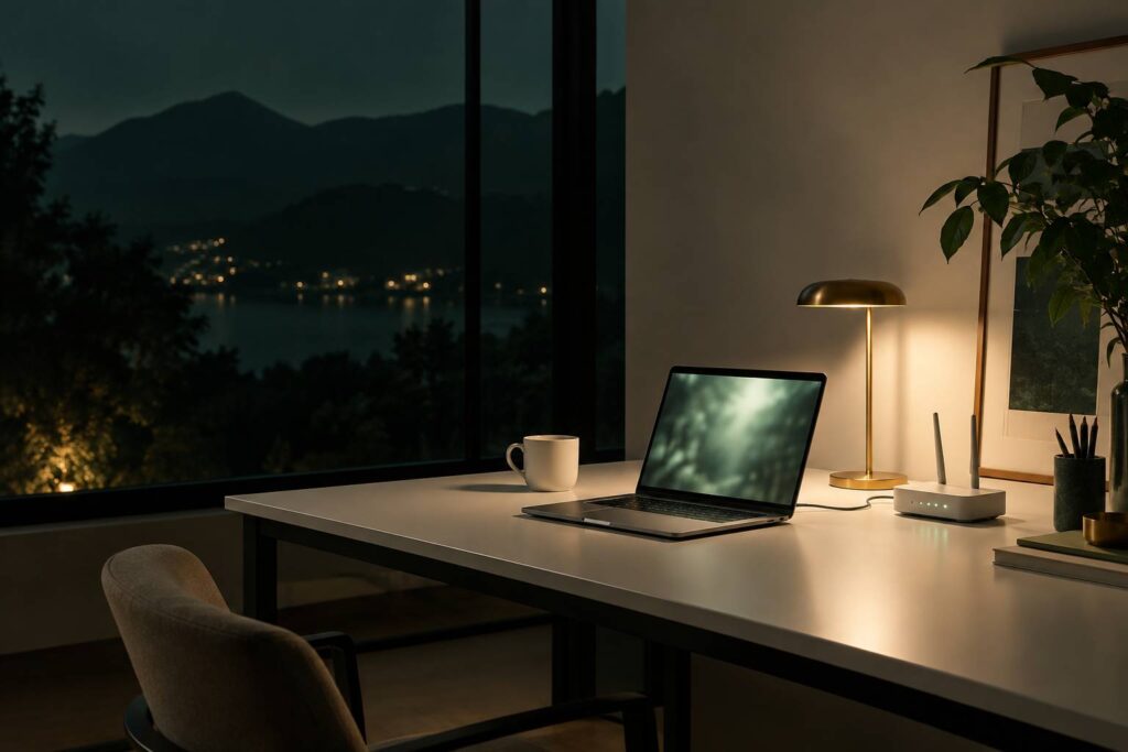 Ordinateur portable et routeur sur un bureau la nuit