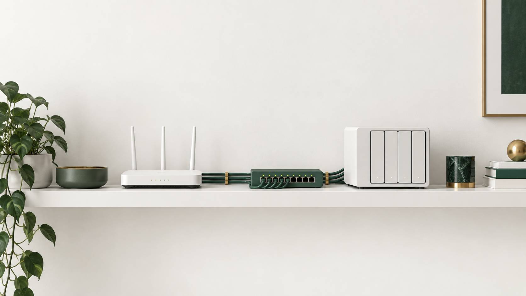 Routeur, commutateur et cables reseau sur une etagere