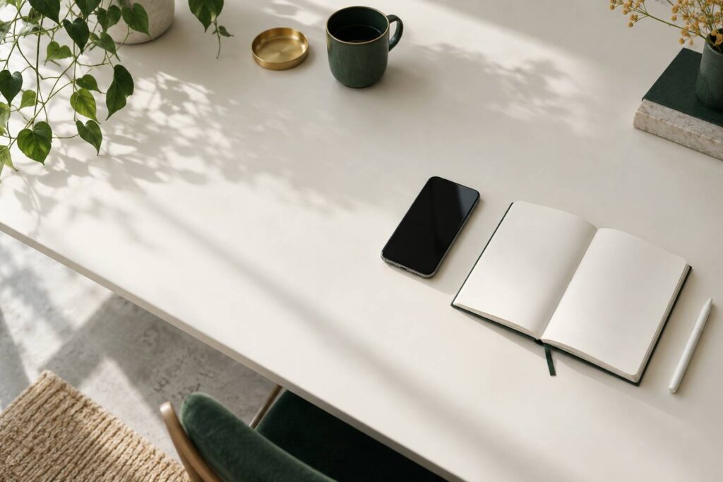Smartphone pose sur un bureau clair avec carnet vierge et stylet
