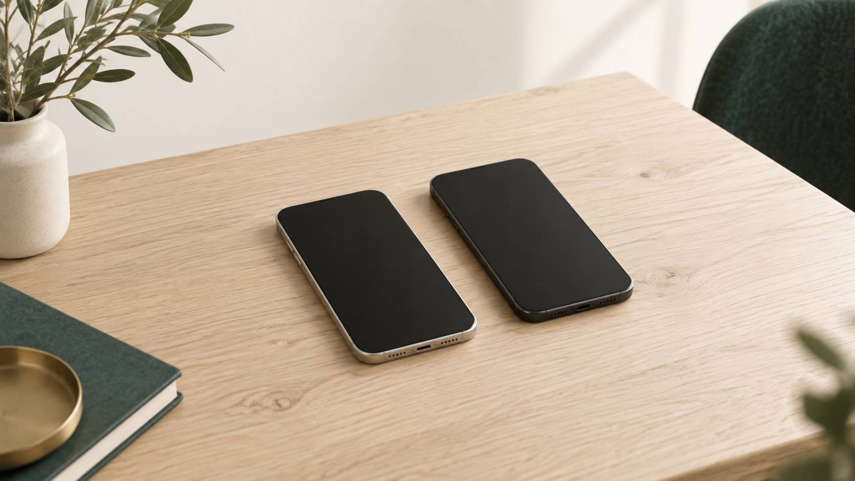 Deux smartphones ecrans eteints poses sur une table en bois clair