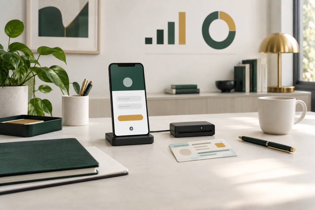 Smartphone avec interface abstraite et carte d'identité sur un bureau clair