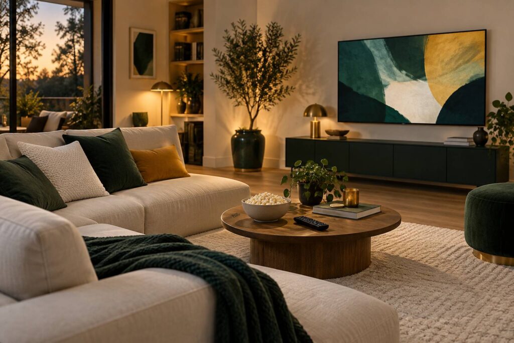 Téléviseur affichant une image abstraite dans un salon chaleureux