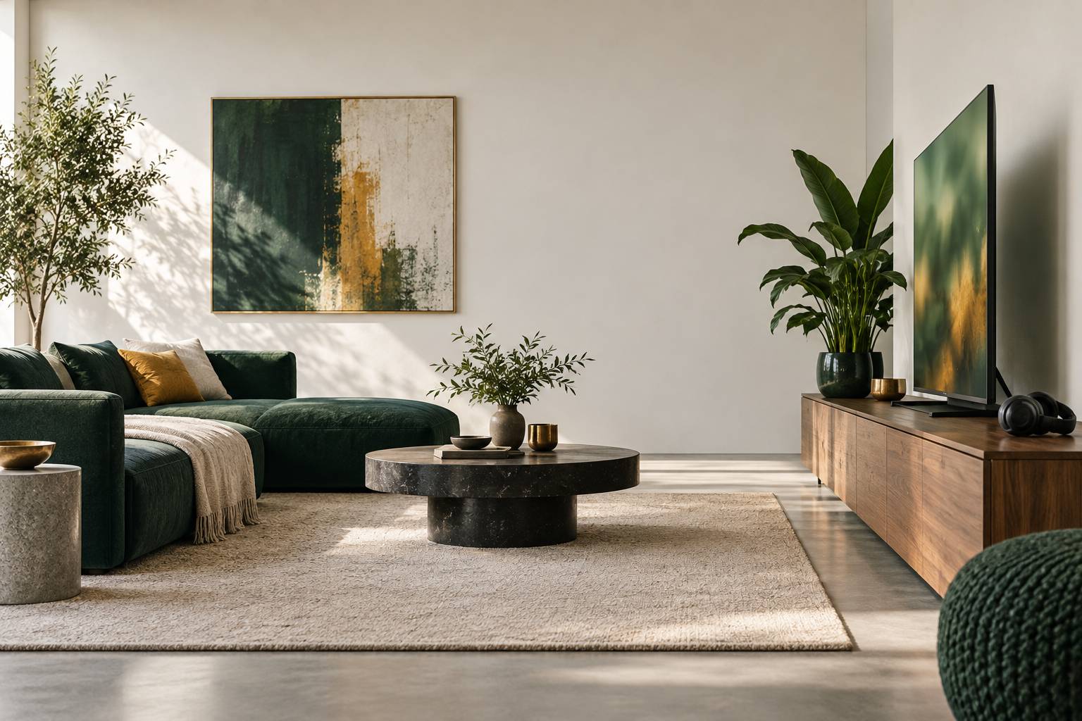 Coin salon avec téléviseur et casque audio sous lumière naturelle