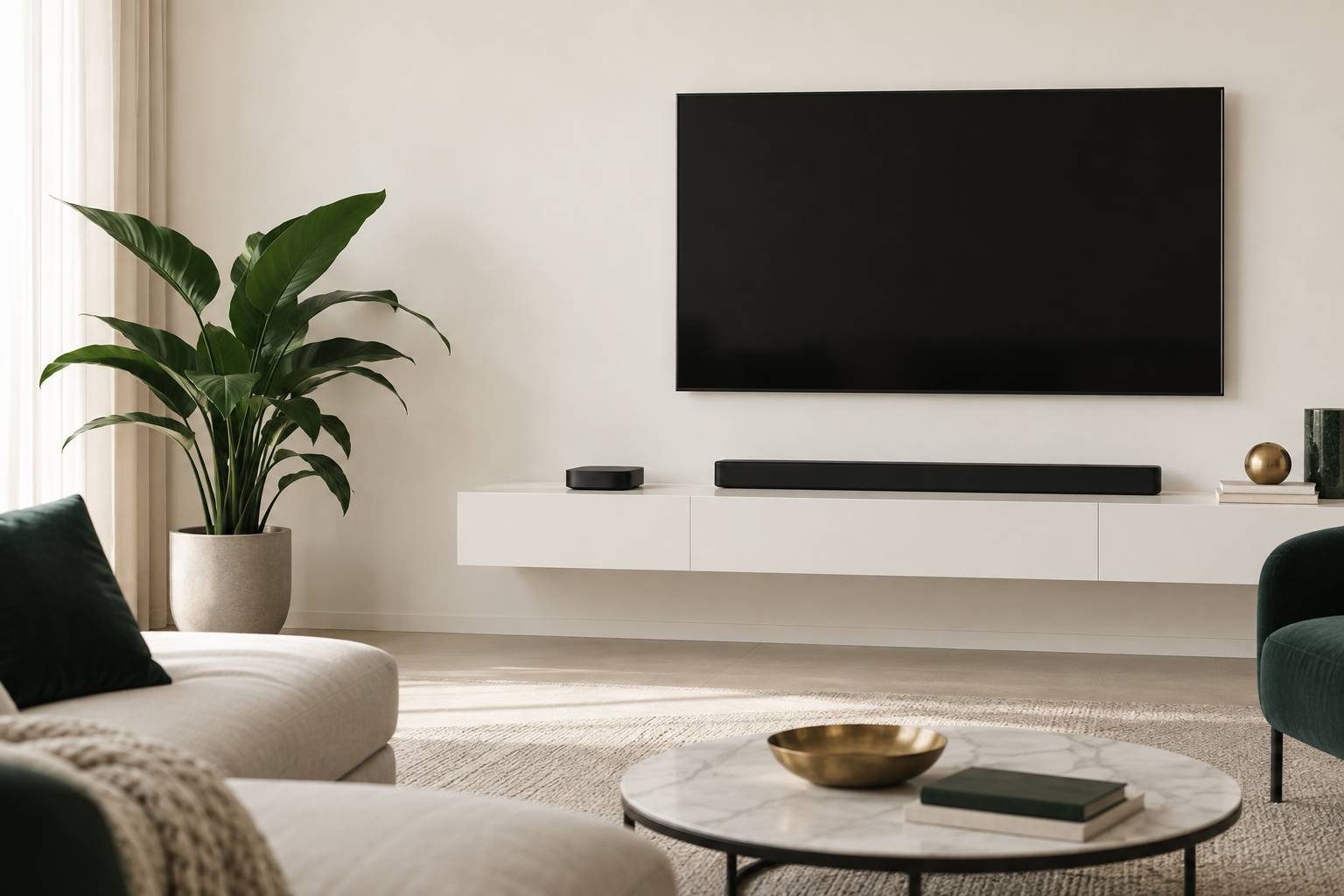 Boîtier de streaming sur une étagère avec barre de son discrète