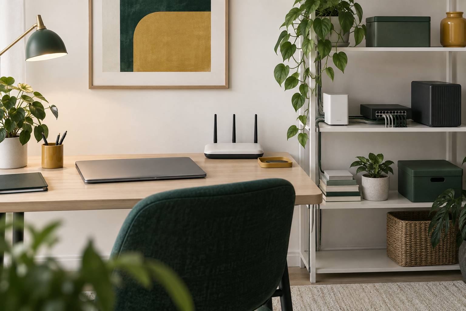 Boitiers reseau et cables alignes sur une etagere