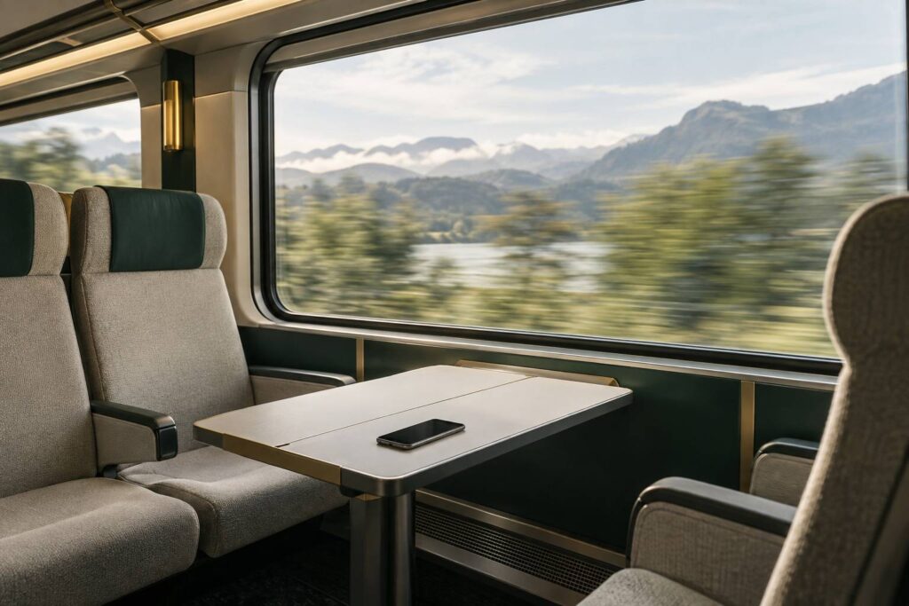 Interieur de train moderne avec rangee de sieges et smartphone sur la tablette