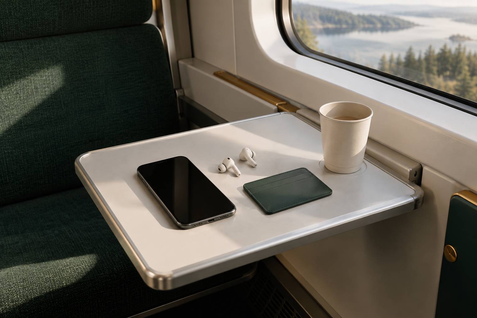 Smartphone et ecouteurs poses sur une tablette de voyage dans un train